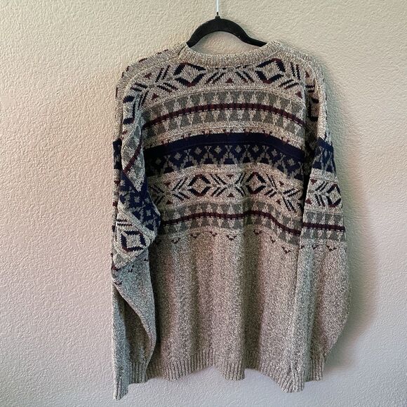 Vintage Trader Bay Sweater Mens XLT Tall Brown Grandpa Aztec Fair Isle Chunky - Picture 2 of 6